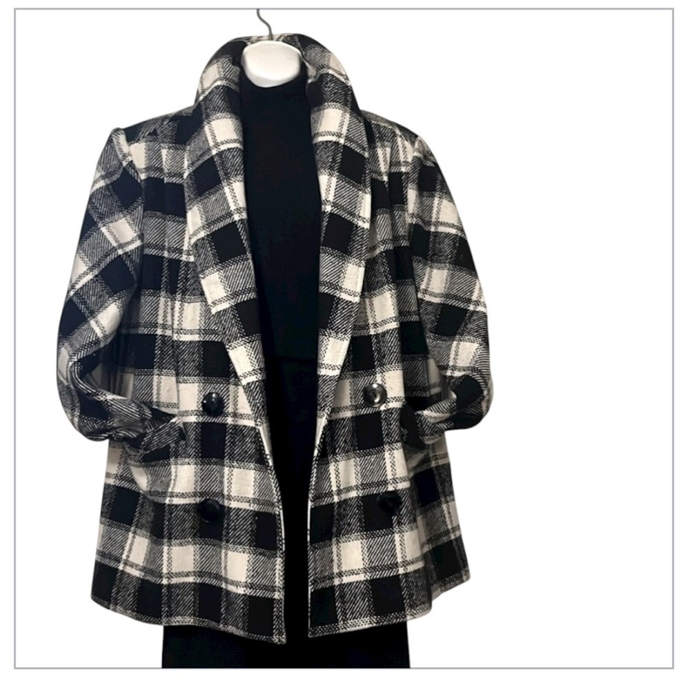 Vintage Womans  Black White Tweed Patina Plaid Double Breasted Trench Pea Coat12